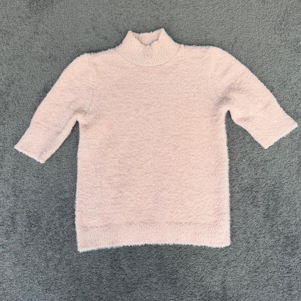 Marled Reunited Clothing Womens Pink Fuzzy Mock Neck Short Sleeve Sweater Small